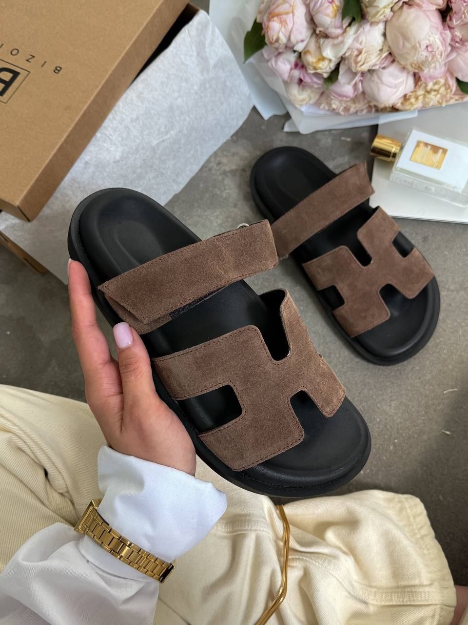 р36-41 Шльопанці у стилі Hermes Chypre Sandals Brown