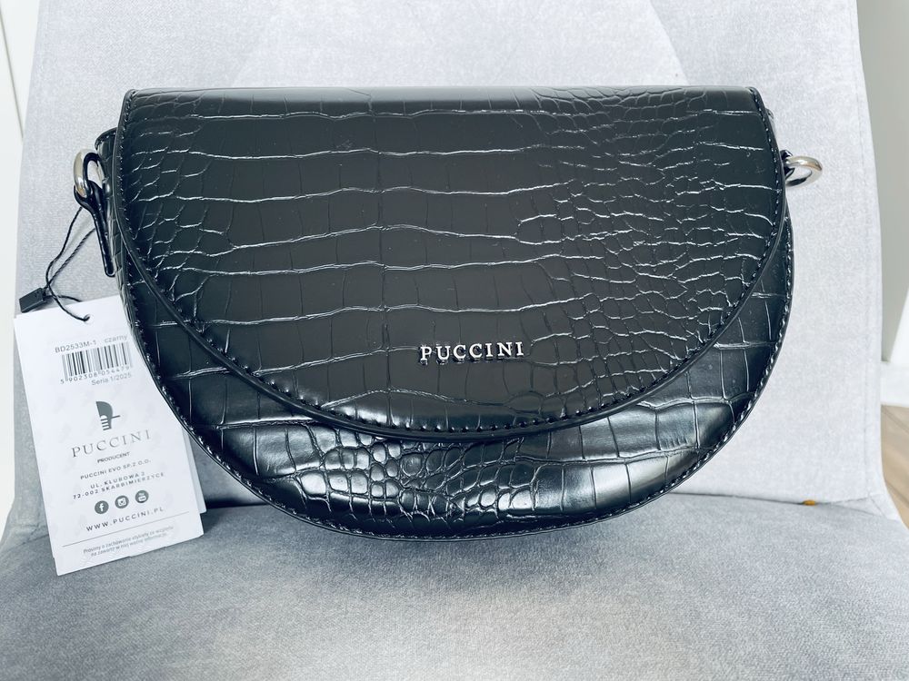 Nowa torebka Puccini czarna croco półksiężyc