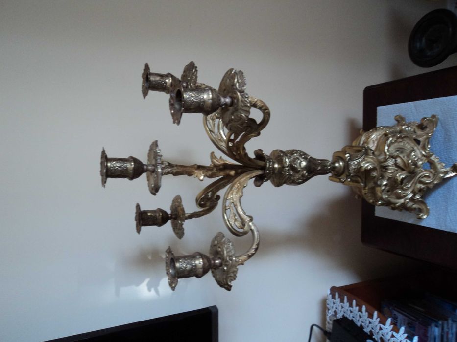 Stary świecznik 5-ramienny z brązu-mosiądzu (styl rokoko)