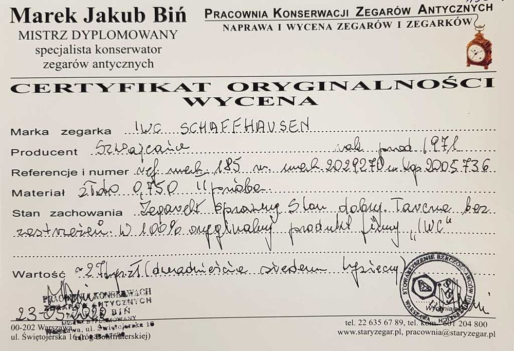 Złoty zegarek IWC SHAFFHAUSEN próby 750 z 1971 roku