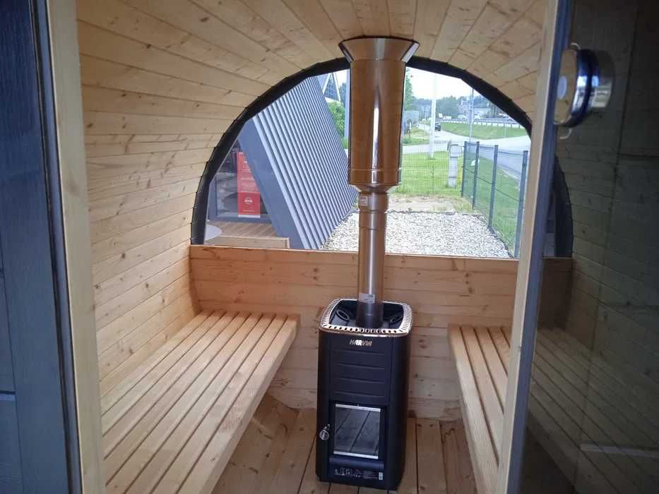 Sauna ogrodowa pół panorama , PRZESZKLENIE 50% 3 metry przedsionek