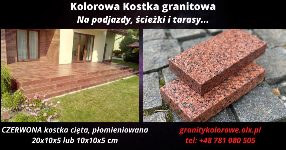 Kostka brukowa Granitowa CZERWONA cięta 20x10x5, 10x10x5cm WYPRZEDAŻ!!