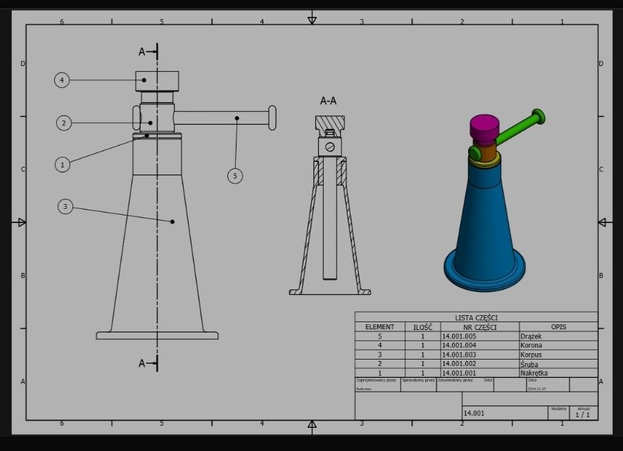 Projekty PKM Solidworks AutoCAD Inventor Podnośnik Zawór