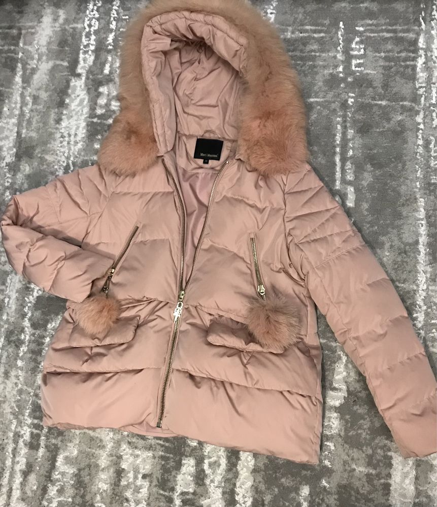 Розовый пудровый пуховик натуральный песец зимняя куртка  Meri Merimo