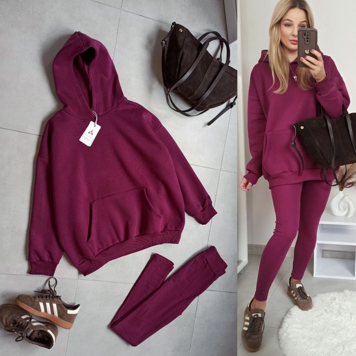 Dres komplet śliwkowy bluza ocieplana legginsy 100% bawełna