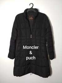 Vintage Moncler puchowa długa czarna kurtka pikowana puffer L