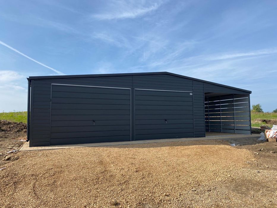 Garaż blaszany 6x5.8 plus wiata 3x5.8, grafit. Profil zamknięty.