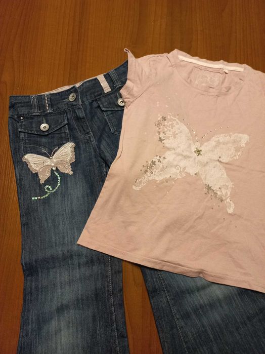 śliczny komplet Next jeansy dzwony + bluzka Motyle r. 134 - 140 9- 10l