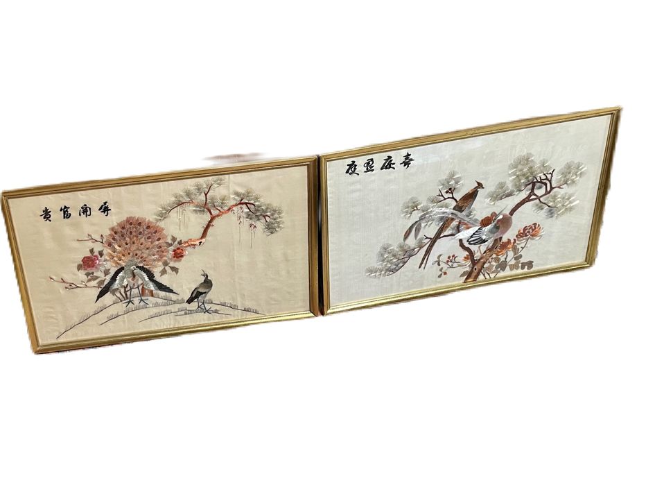 Par de quadros Bordado antigo em seda, Chinês oriental