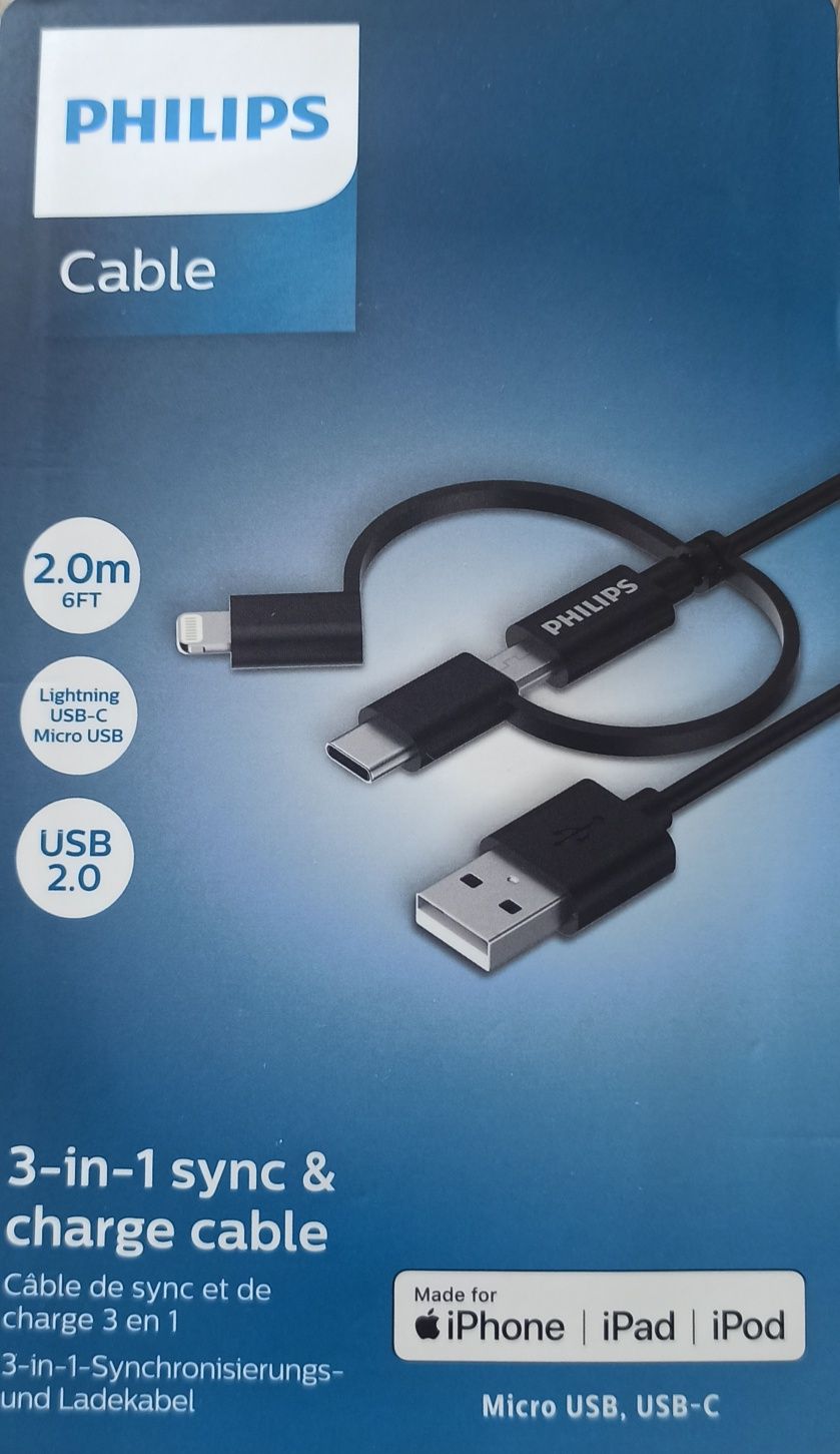 Nowy Kabel Philips 3 w 1 do iPhone, iPad, iPod Lightning, USB-C