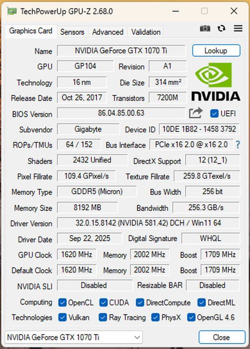 GTX 1070 Ti 8GB Gigabyte Gaming OC
