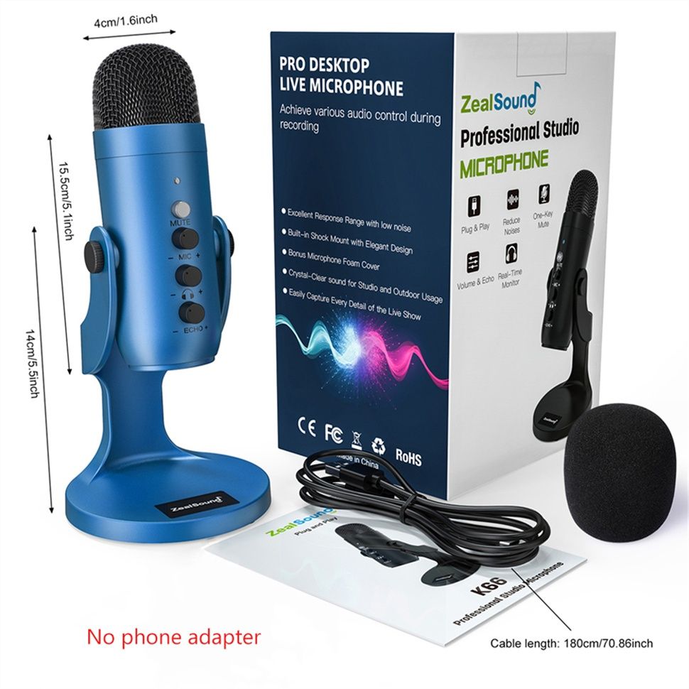 Мікрофон студійний конденсаторний USB ZealSound K66 Blue/ Микрофон USB