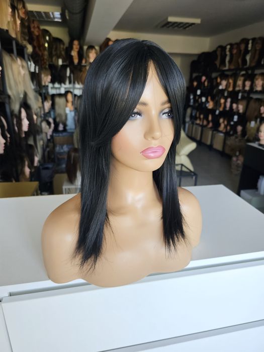 Nowość tupet Nel czarny naturalny efekt topper 42 cm duża baza