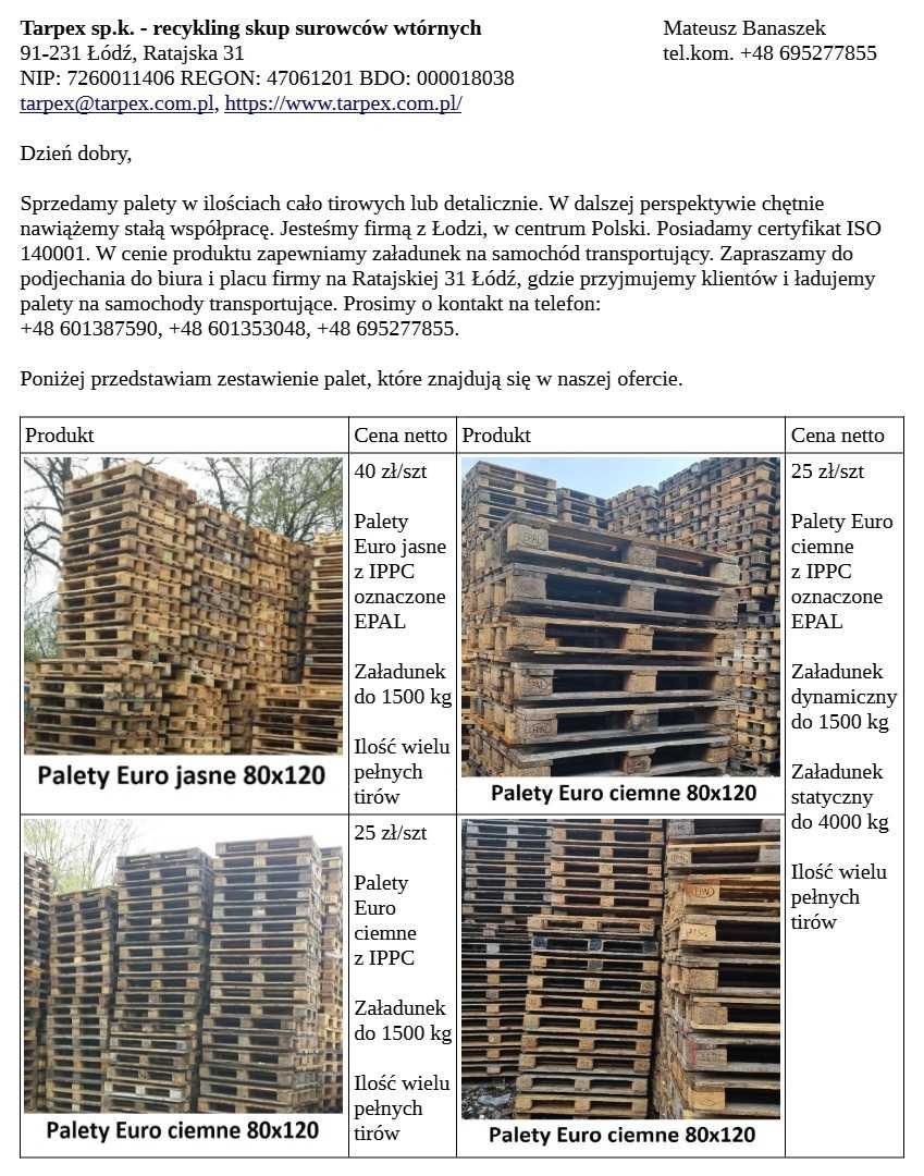 Palety ze sklejki 80x120 15 zł/szt netto