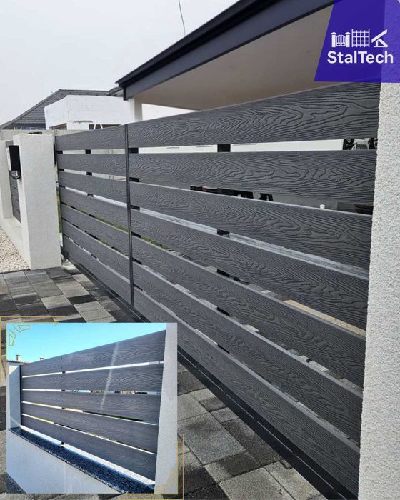 Brama wjazdowa kompozytowa WPC przesuwna / dwuskrzydłowa z desek K-120