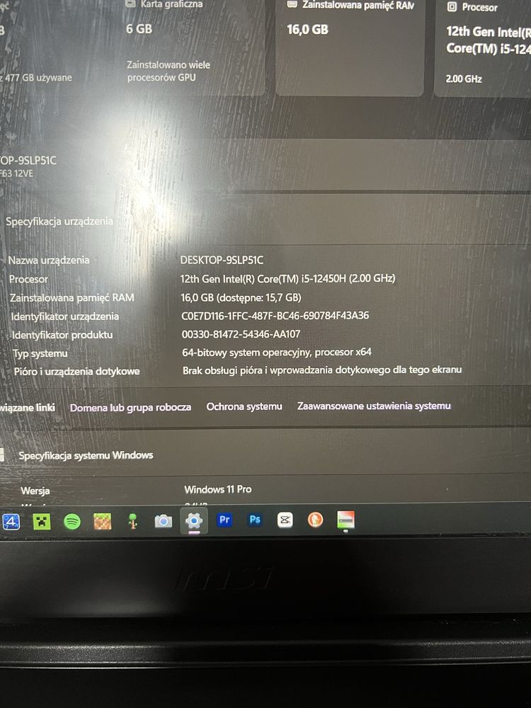 Laptop MSI GF63 Thin 12VE rtx4050 i5-12450H 512gb ssd 16gb ram