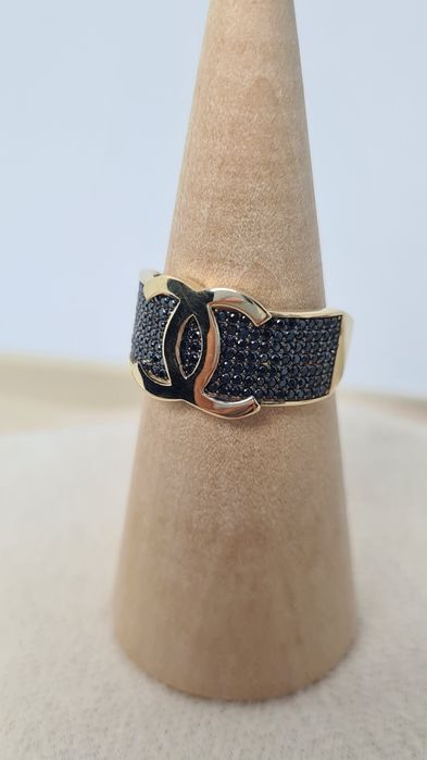 Nowy złoty pierścionek czarne cyrkonie , szeroko, typu Chanel, p. 585