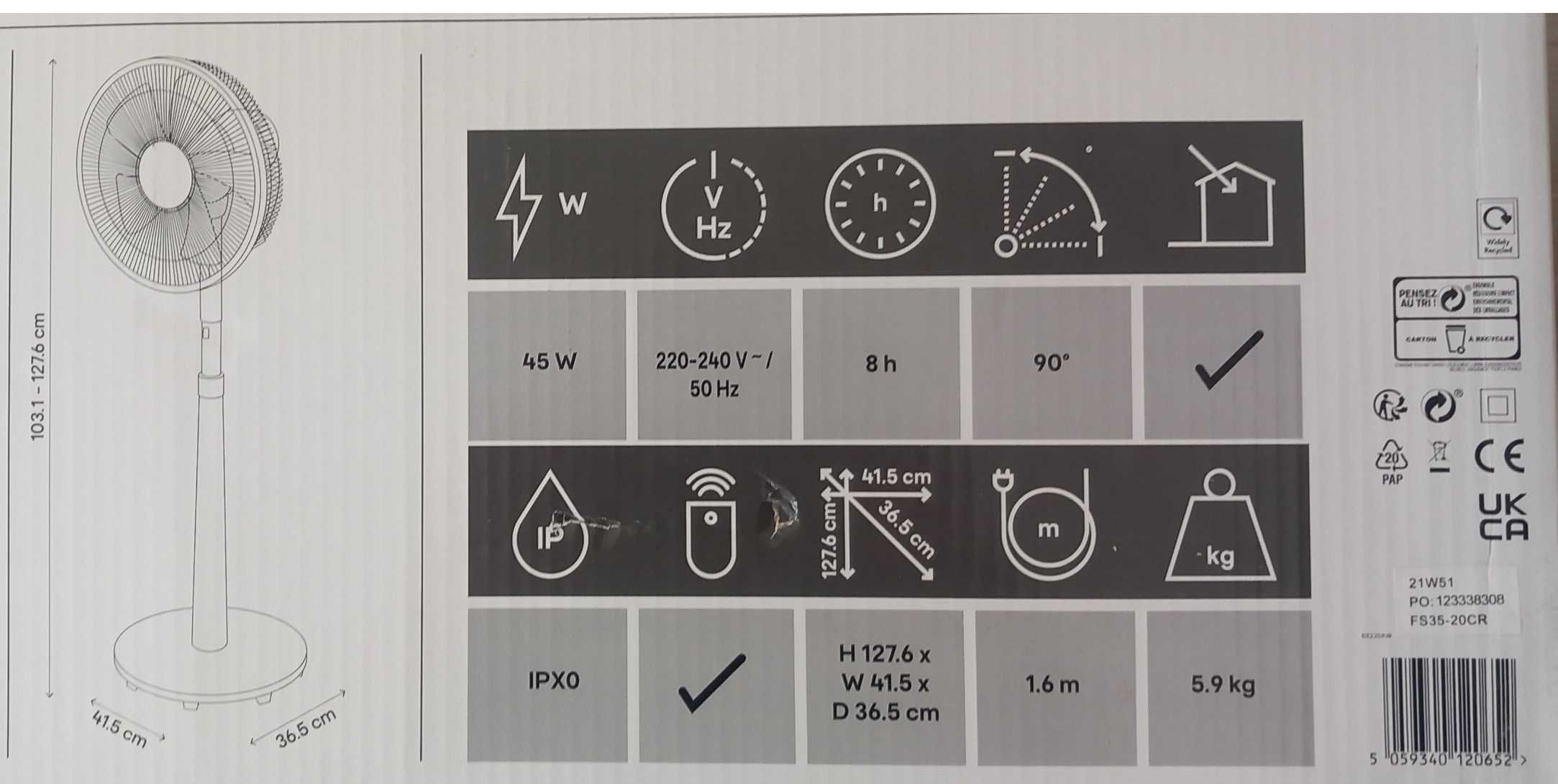 Solidny wentylator stojący GoodHome Carrao z timerem I pilotem