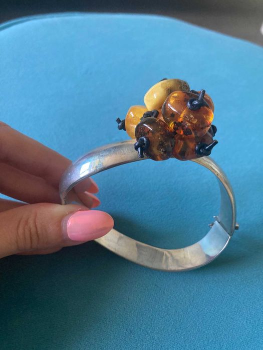 Artystyczny komplet naszyjnik bransoletka srebro bursztyny