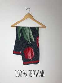 Czarna jedwabna apaszka, chusta w czerwone tulipany vintage