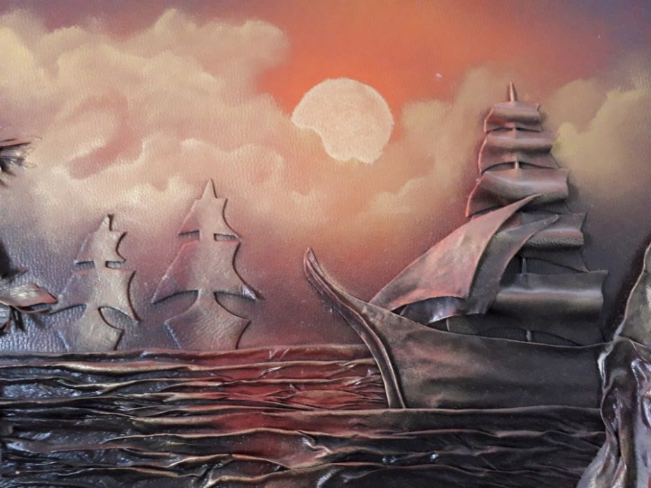 Obraz ze skóry skórzany  30-letni w drewnianej ramie 75x60cm morze
