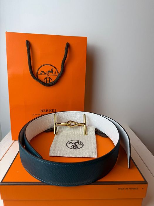 Pasek męski Hermes turkusowo-biały skóra Epsom złoty rozmiar 90