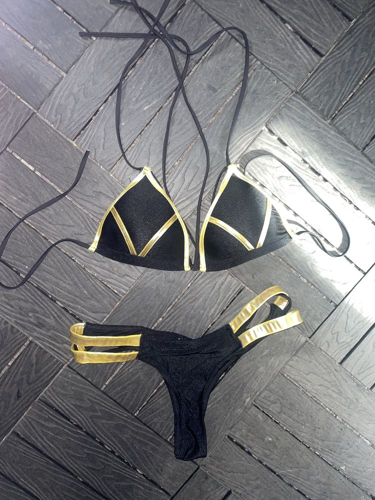 Strój kąpielowy Bikini Złoto- czarne sexy M/L półstringi NOWE