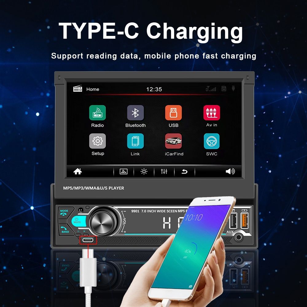 Rádio 1din 7" Retrátil Bluetooth Dual USB Fast Charging Mirrorlink FM