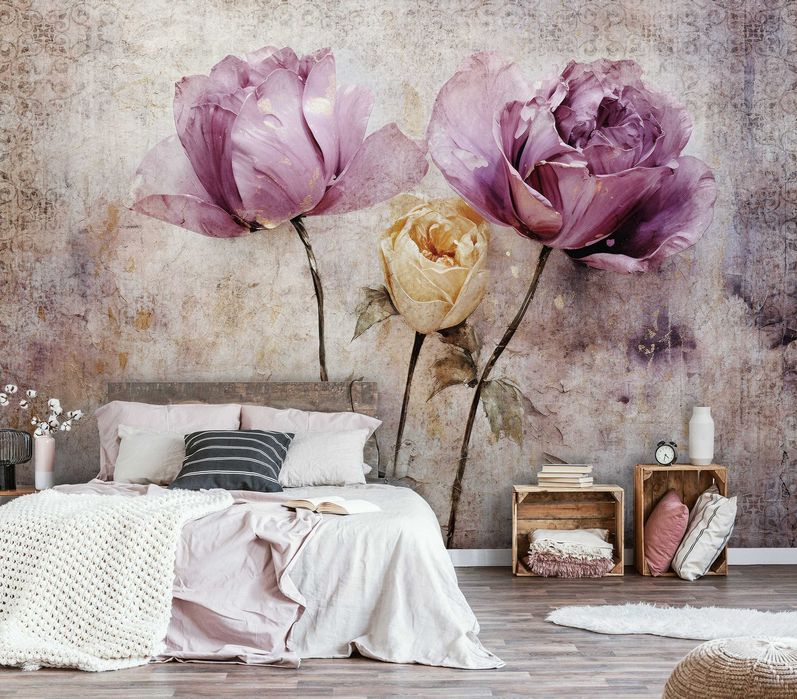 Fototapeta Fiolet Purpur Kwiaty Beton Loft 3D Twój Rozmiar + KLEJ