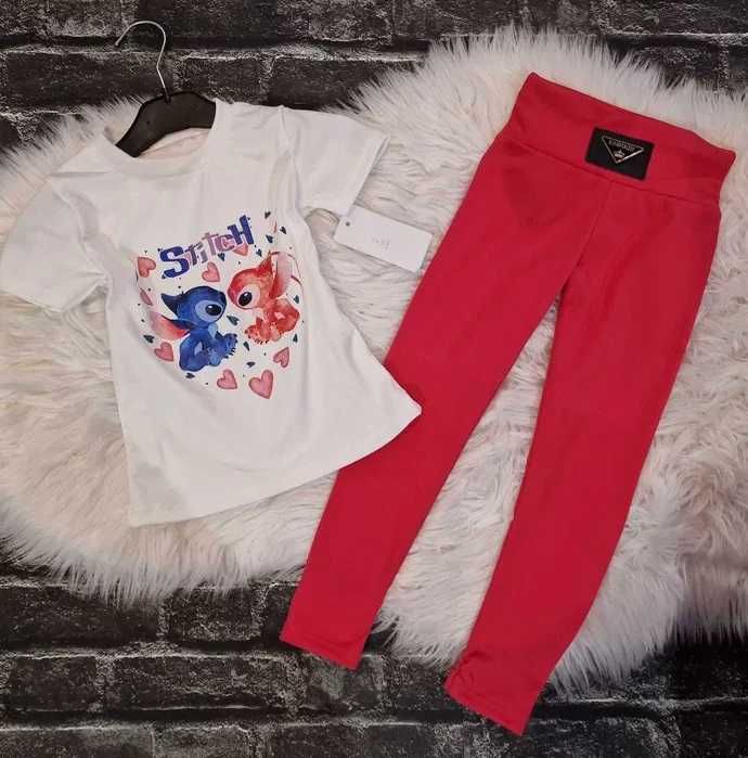 Komplet dres dla dziewczynki legginsy prążek Stitch różowy 110/116