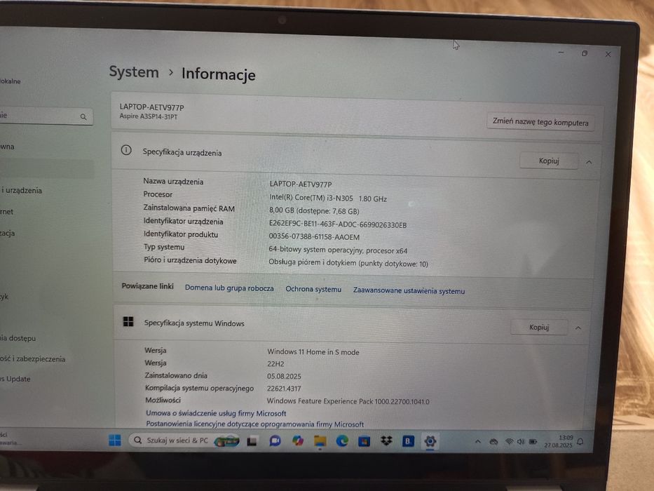 Tablet Laptop 2w1 Acer Aspire 3 Spin 14" i3-N305/8GB/256GB SSD W11 gw.