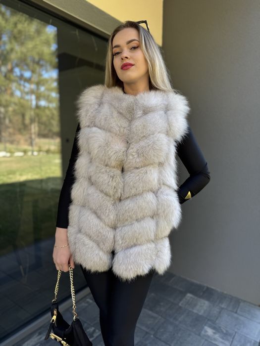 Kamizelka z lisa białego futro naturalne zamsz skóra s/m