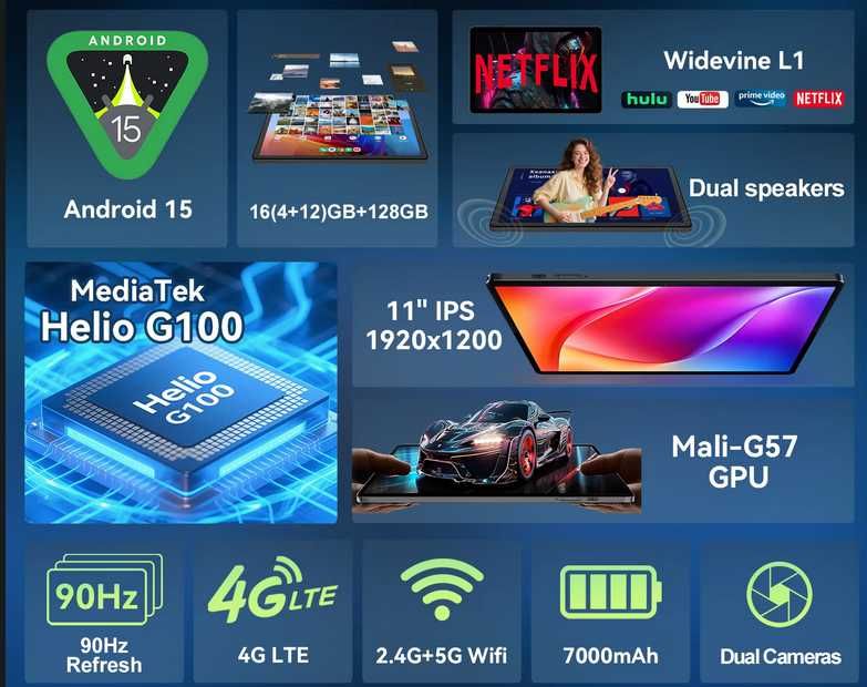 Ігровий Tablet 11". 24GB(8+16)/128Gb Helio G100 FHD+ 90Hz+Бампер+Чохол