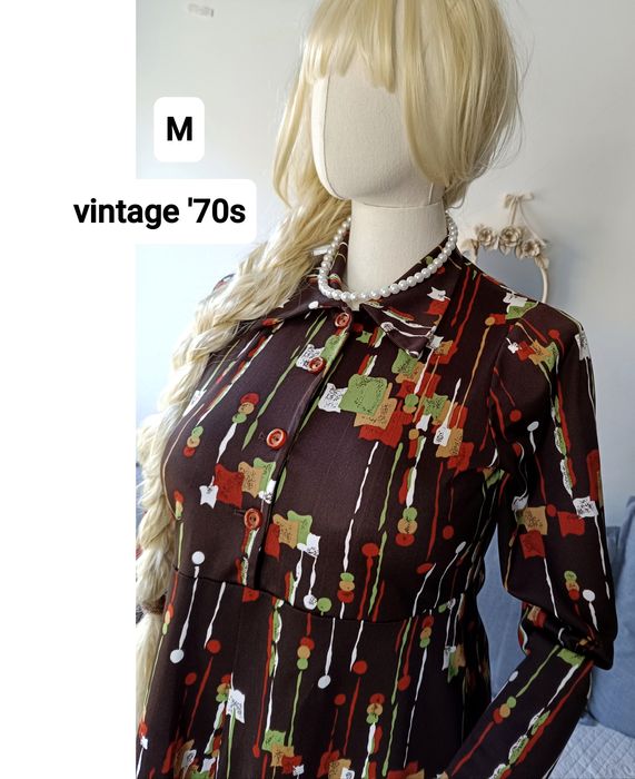 M biust 46x2 Vintage Sukienka Lata 70. brązowa dzmizjerka we wzór sbst