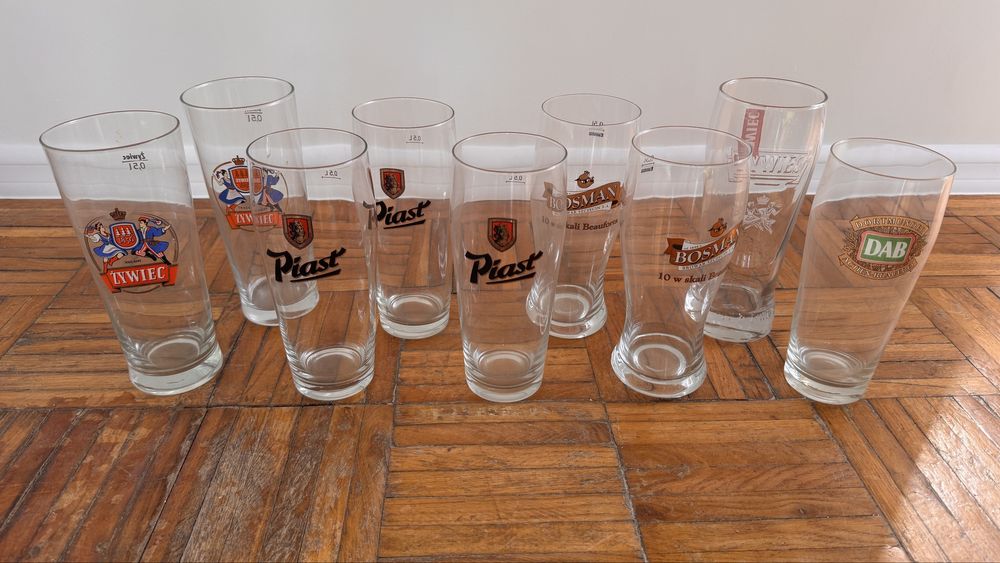 9 kufli do piwa 0,5l Żywiec, Piast, Bosman