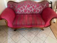 sofa stylowa rózowo-fioletowa siedzisko na sprężynach.Po renowacji.