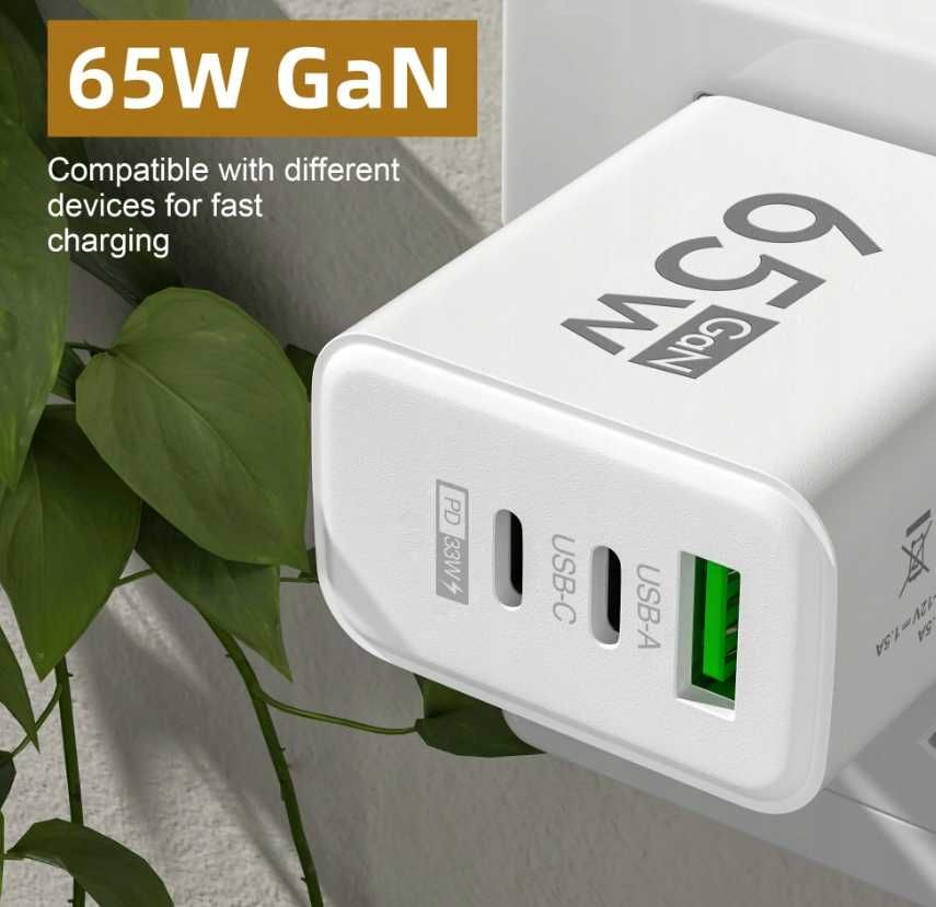 Szybka Ładowarka SIECIOWA 65W GaN 1xUSB A 2x USB C QC 3.0, PD 33W Biel