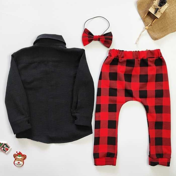 Elegancki ZESTAW chłopięcy muślinowa koszula czarna czerwona krata 92