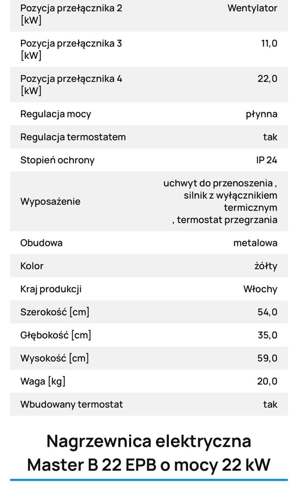 Nagrzewnica elektryczna 22 kw / 400v.  Prawie jak nowa !