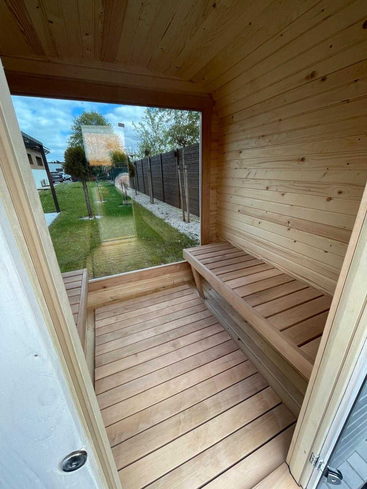 Sauna ogrodowa kwadro beczka 2mx2m duże okno Panorama dostępna od RĘKI