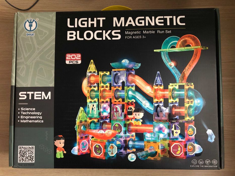 Klocki Magnetyczne Tor Kulkowy Świecący Duży 202 Elementy