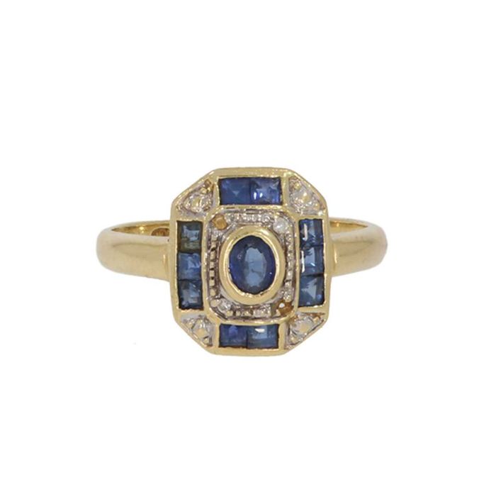 Pierścionek złoty 18k w stylu art deco z szafirami i diamentami
