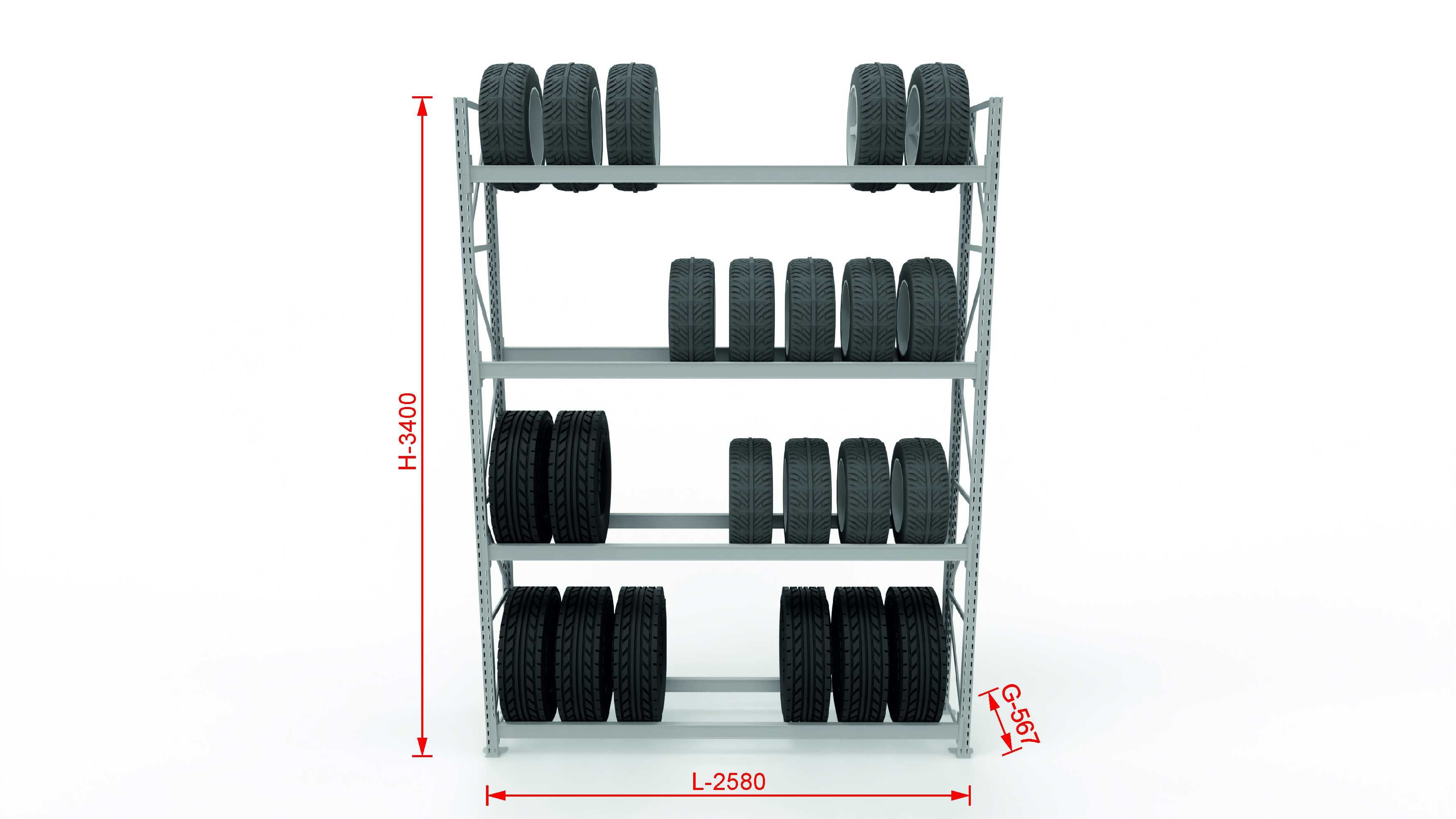 Regał na opony, regał magazynowy, H3400 G600 L2500