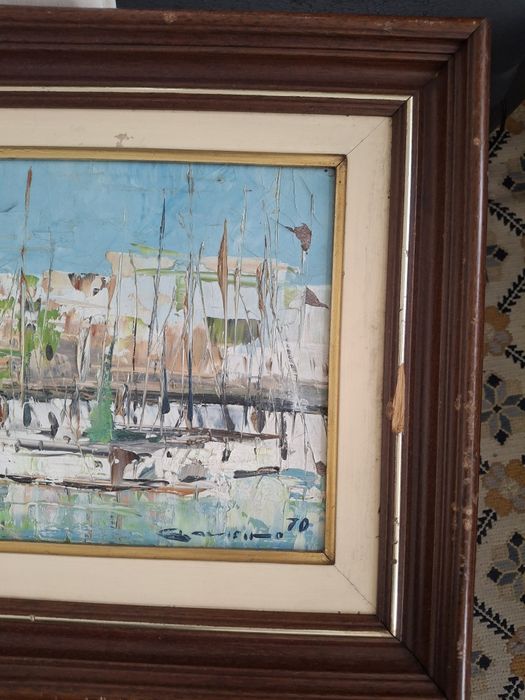 Linda pintura oleo sobre platex 1970 assinada barcos marinha