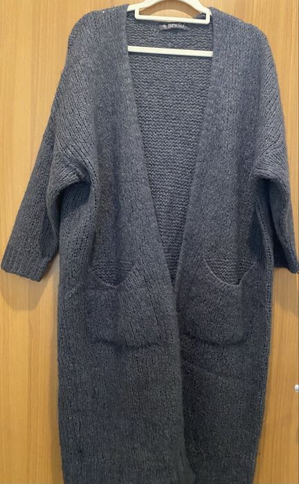 Włoski szary kardigan długi sweter M/L moher wełn