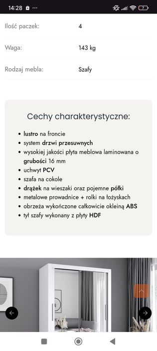 Szafa przesuwna duża komandor szara z lustrem dwudrzwiowa garderoba