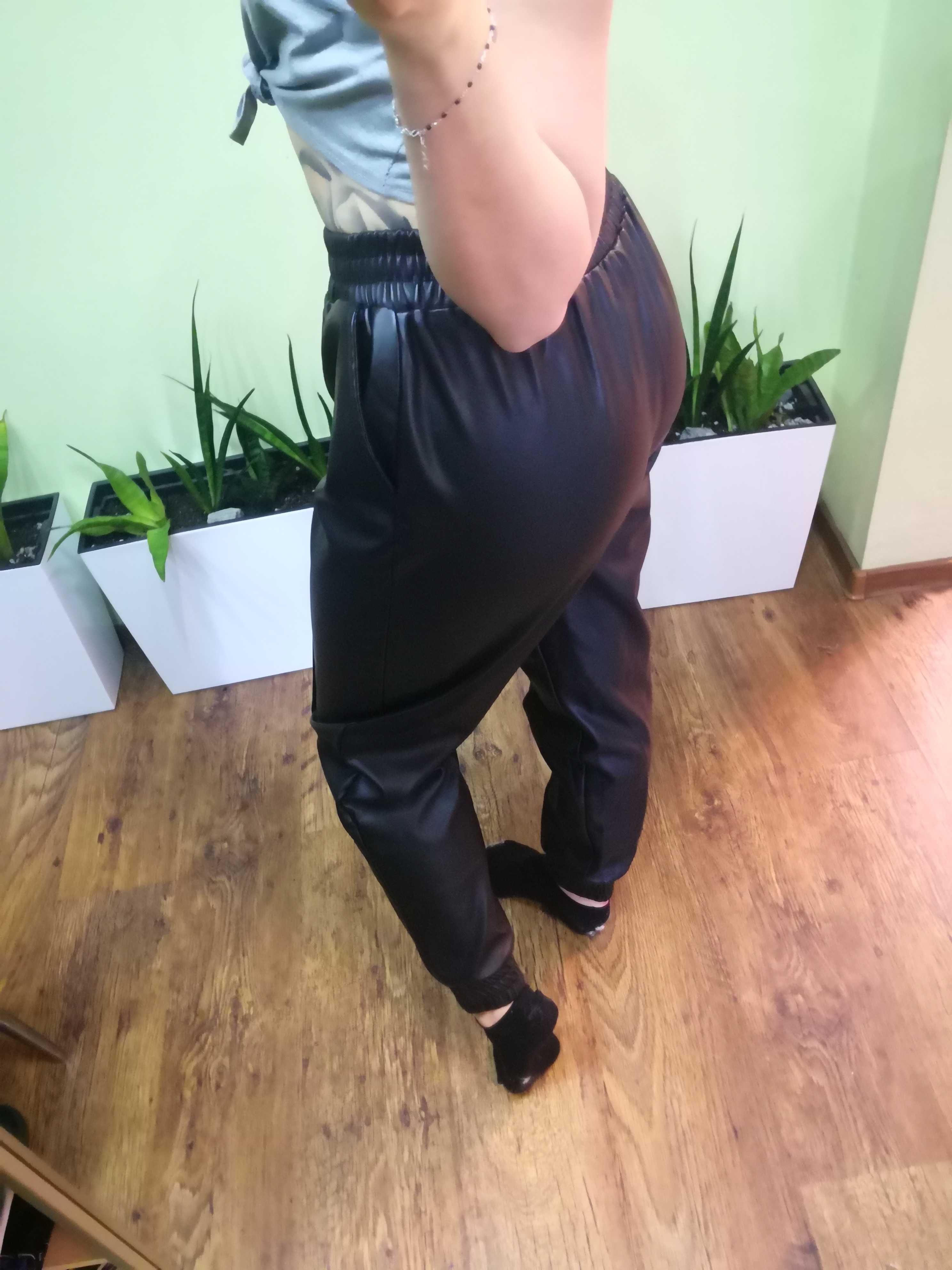 Czarne, skórzane joggery, luźne spodnie, eko skóra, 38, M, rurki