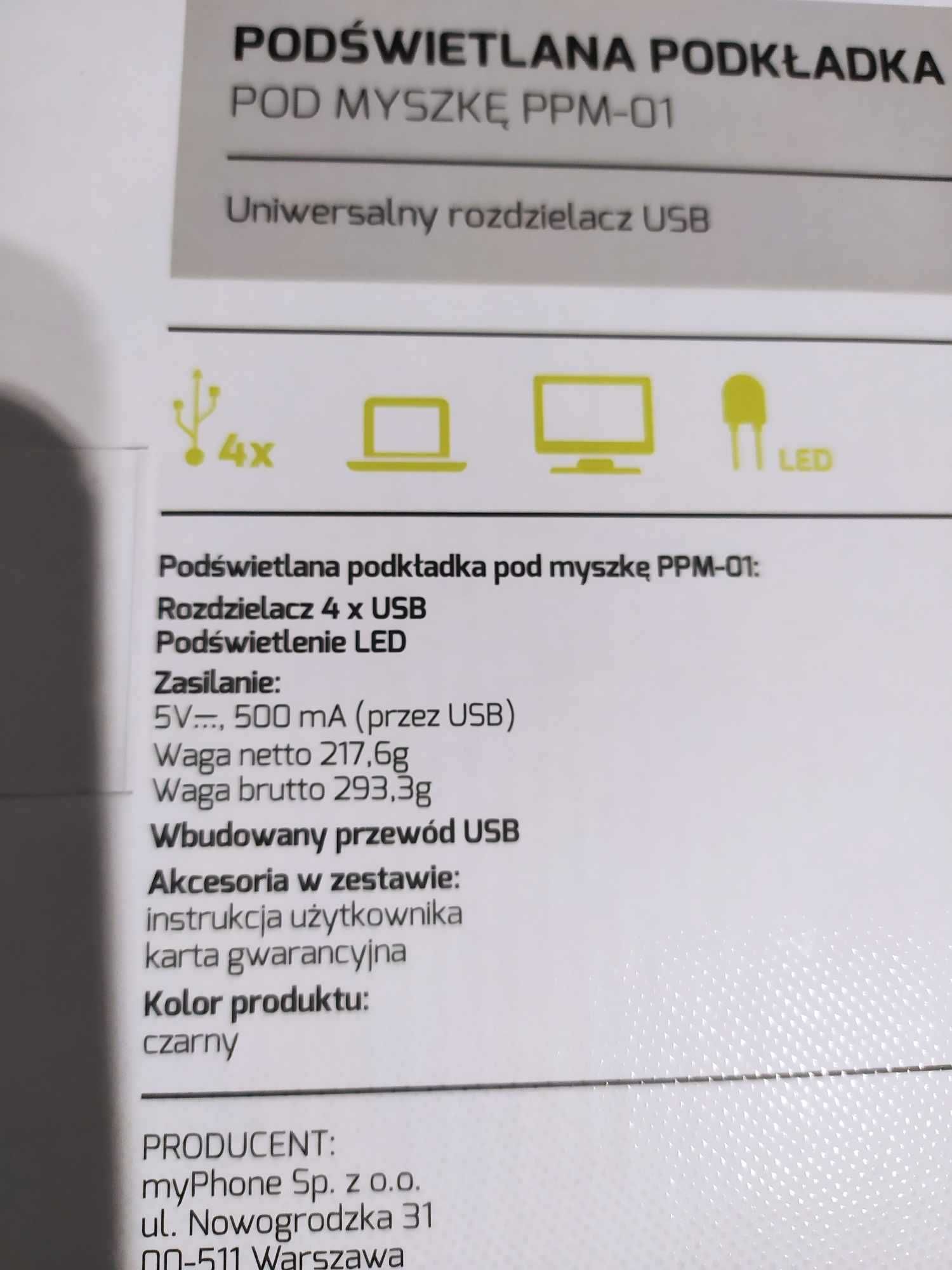 Podświetlana Podkładka pod myszkę LED z rozdzielaczem USB