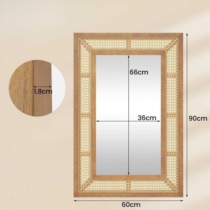 Dekoracyjne rattanowe lustro w stylu boho 60x90 cm z drewnianą ramą