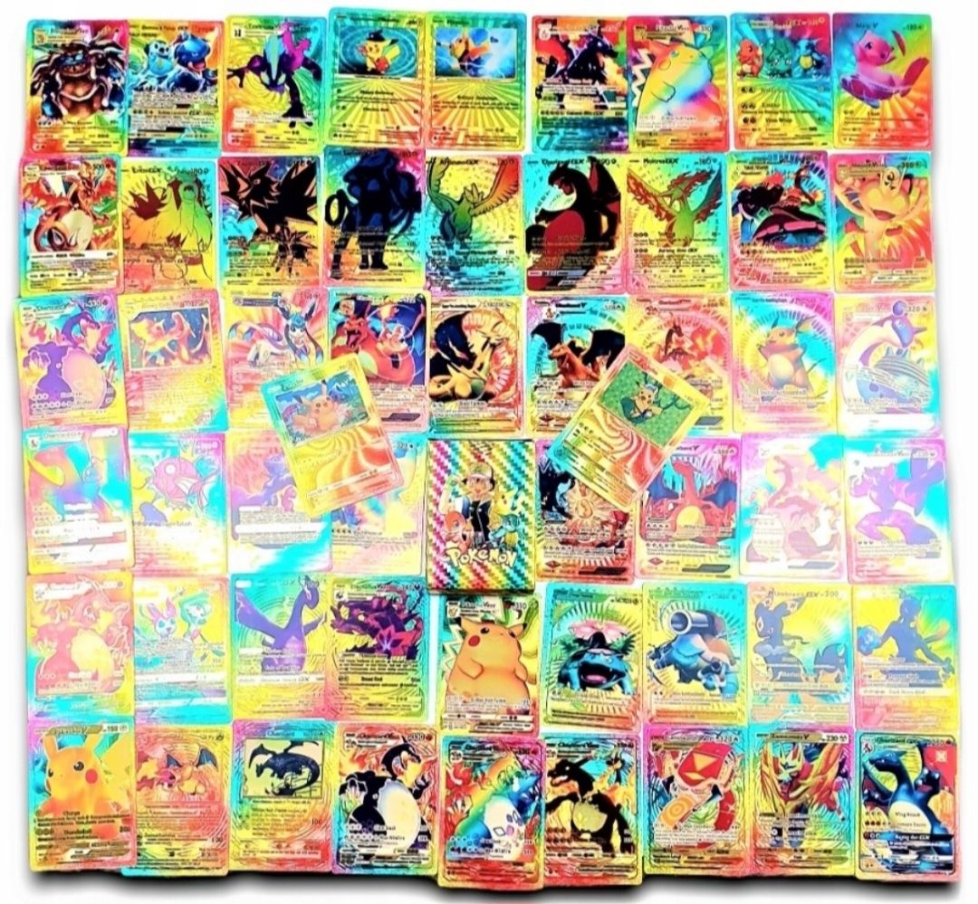 Zestaw 55 plastikowych  kart Pokemon. Tęczowa edycja!